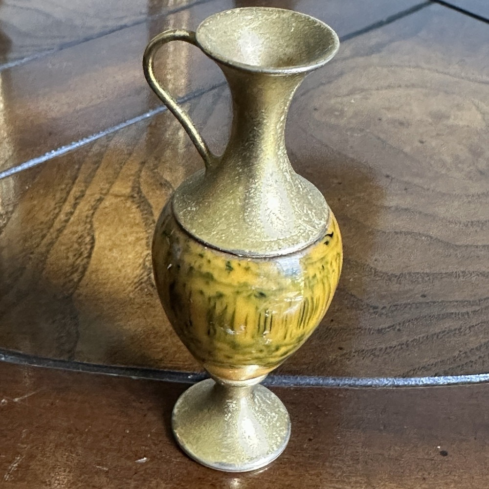 Vintage Miniature 3 Inch Brass Vase Handle‎ Yellow Enamel Acrylic Dollhouse
